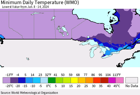 Canada Minimum Daily Temperature (WMO) Thematic Map For 1/8/2024 - 1/14/2024