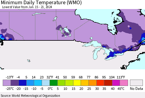 Canada Minimum Daily Temperature (WMO) Thematic Map For 1/15/2024 - 1/21/2024