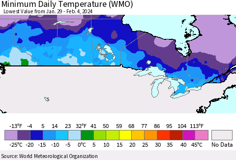 Canada Minimum Daily Temperature (WMO) Thematic Map For 1/29/2024 - 2/4/2024