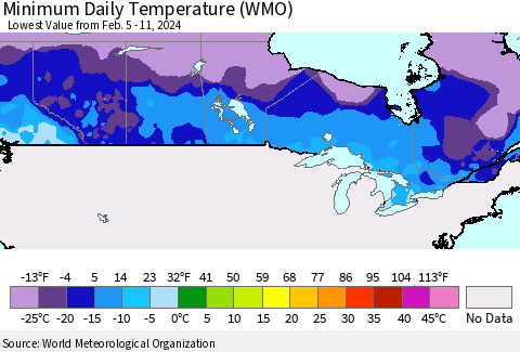 Canada Minimum Daily Temperature (WMO) Thematic Map For 2/5/2024 - 2/11/2024