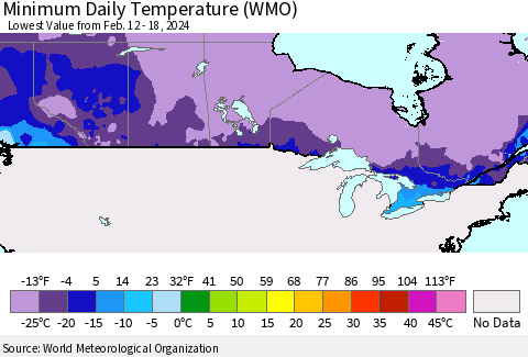 Canada Minimum Daily Temperature (WMO) Thematic Map For 2/12/2024 - 2/18/2024