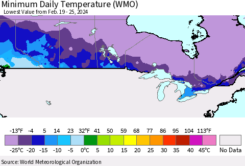 Canada Minimum Daily Temperature (WMO) Thematic Map For 2/19/2024 - 2/25/2024