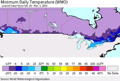Canada Minimum Daily Temperature (WMO) Thematic Map For 2/26/2024 - 3/3/2024