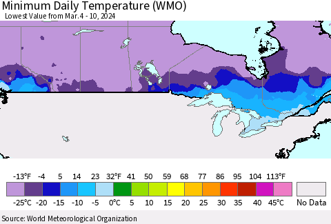 Canada Minimum Daily Temperature (WMO) Thematic Map For 3/4/2024 - 3/10/2024