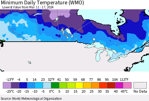 Canada Minimum Daily Temperature (WMO) Thematic Map For 3/11/2024 - 3/17/2024