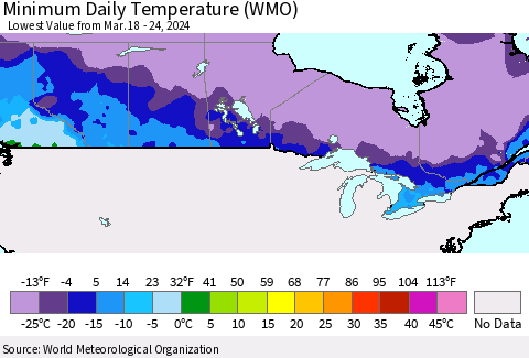 Canada Minimum Daily Temperature (WMO) Thematic Map For 3/18/2024 - 3/24/2024