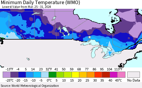 Canada Minimum Daily Temperature (WMO) Thematic Map For 3/25/2024 - 3/31/2024