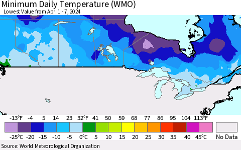 Canada Minimum Daily Temperature (WMO) Thematic Map For 4/1/2024 - 4/7/2024