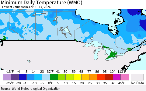 Canada Minimum Daily Temperature (WMO) Thematic Map For 4/8/2024 - 4/14/2024