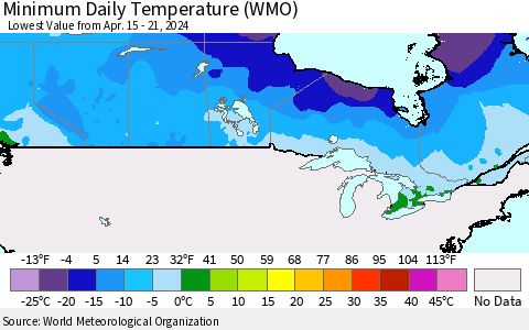 Canada Minimum Daily Temperature (WMO) Thematic Map For 4/15/2024 - 4/21/2024