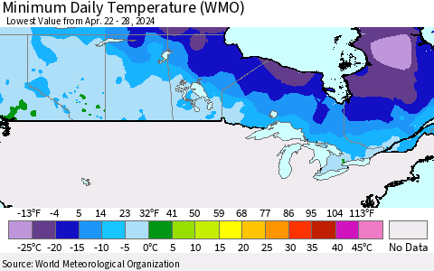 Canada Minimum Daily Temperature (WMO) Thematic Map For 4/22/2024 - 4/28/2024