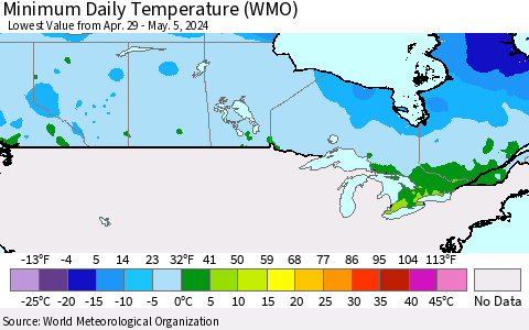 Canada Minimum Daily Temperature (WMO) Thematic Map For 4/29/2024 - 5/5/2024
