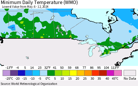 Canada Minimum Daily Temperature (WMO) Thematic Map For 5/6/2024 - 5/12/2024