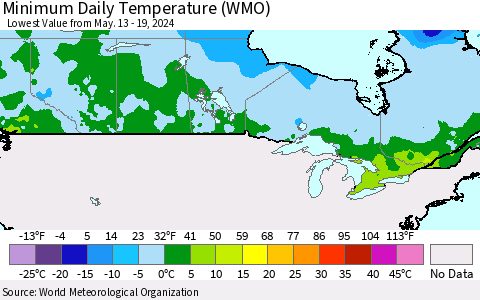 Canada Minimum Daily Temperature (WMO) Thematic Map For 5/13/2024 - 5/19/2024