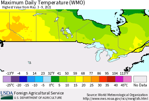 Canada Maximum Daily Temperature (WMO) Thematic Map For 5/3/2021 - 5/9/2021