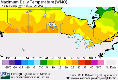 Canada Maximum Daily Temperature (WMO) Thematic Map For 5/10/2021 - 5/16/2021