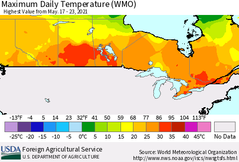 Canada Maximum Daily Temperature (WMO) Thematic Map For 5/17/2021 - 5/23/2021