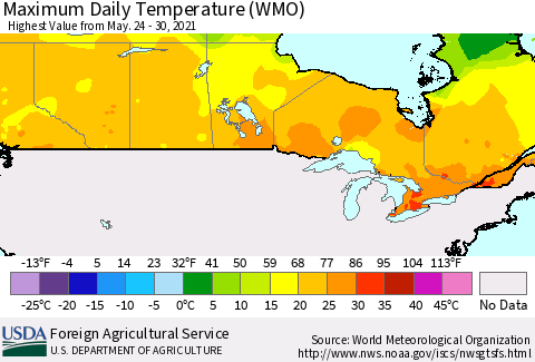 Canada Maximum Daily Temperature (WMO) Thematic Map For 5/24/2021 - 5/30/2021