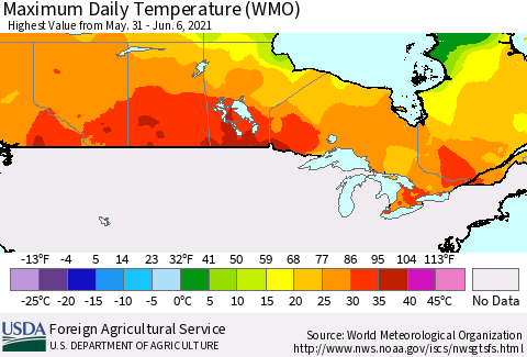 Canada Maximum Daily Temperature (WMO) Thematic Map For 5/31/2021 - 6/6/2021