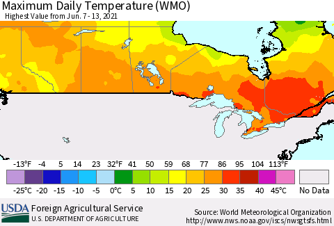 Canada Maximum Daily Temperature (WMO) Thematic Map For 6/7/2021 - 6/13/2021