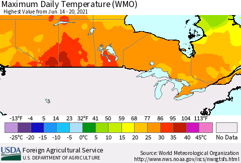 Canada Maximum Daily Temperature (WMO) Thematic Map For 6/14/2021 - 6/20/2021