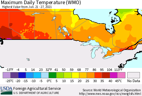 Canada Maximum Daily Temperature (WMO) Thematic Map For 6/21/2021 - 6/27/2021