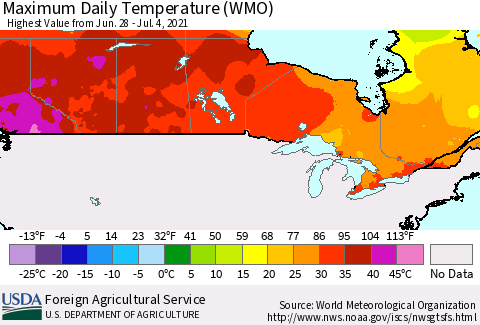 Canada Maximum Daily Temperature (WMO) Thematic Map For 6/28/2021 - 7/4/2021