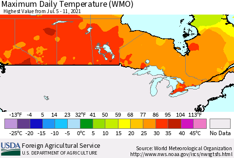 Canada Maximum Daily Temperature (WMO) Thematic Map For 7/5/2021 - 7/11/2021