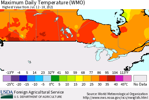 Canada Maximum Daily Temperature (WMO) Thematic Map For 7/12/2021 - 7/18/2021