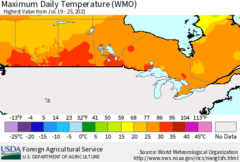 Canada Maximum Daily Temperature (WMO) Thematic Map For 7/19/2021 - 7/25/2021