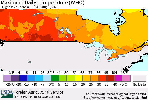 Canada Maximum Daily Temperature (WMO) Thematic Map For 7/26/2021 - 8/1/2021