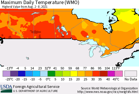 Canada Maximum Daily Temperature (WMO) Thematic Map For 8/2/2021 - 8/8/2021