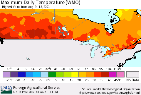 Canada Maximum Daily Temperature (WMO) Thematic Map For 8/9/2021 - 8/15/2021