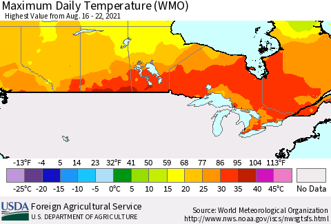 Canada Maximum Daily Temperature (WMO) Thematic Map For 8/16/2021 - 8/22/2021