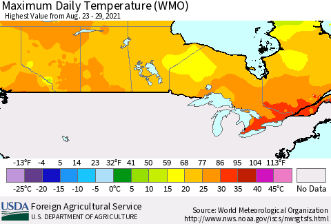 Canada Maximum Daily Temperature (WMO) Thematic Map For 8/23/2021 - 8/29/2021