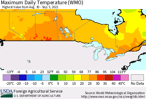Canada Maximum Daily Temperature (WMO) Thematic Map For 8/30/2021 - 9/5/2021