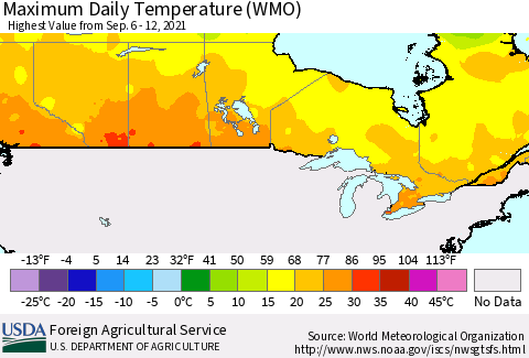Canada Maximum Daily Temperature (WMO) Thematic Map For 9/6/2021 - 9/12/2021