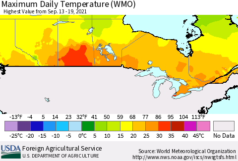 Canada Maximum Daily Temperature (WMO) Thematic Map For 9/13/2021 - 9/19/2021