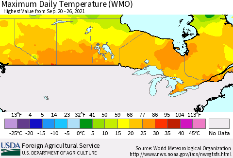 Canada Maximum Daily Temperature (WMO) Thematic Map For 9/20/2021 - 9/26/2021