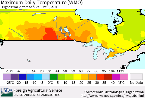 Canada Maximum Daily Temperature (WMO) Thematic Map For 9/27/2021 - 10/3/2021
