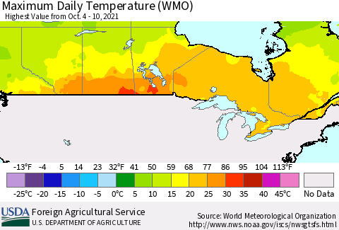 Canada Maximum Daily Temperature (WMO) Thematic Map For 10/4/2021 - 10/10/2021