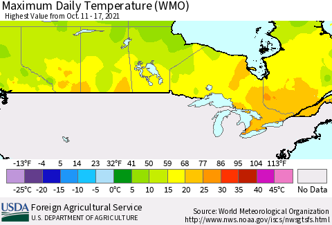 Canada Maximum Daily Temperature (WMO) Thematic Map For 10/11/2021 - 10/17/2021