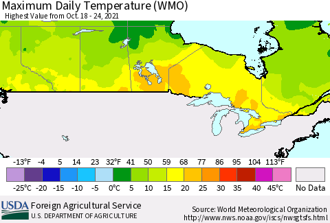 Canada Maximum Daily Temperature (WMO) Thematic Map For 10/18/2021 - 10/24/2021
