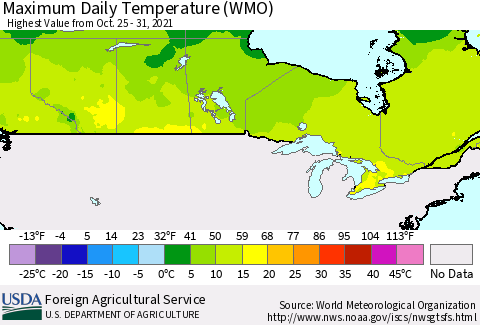 Canada Maximum Daily Temperature (WMO) Thematic Map For 10/25/2021 - 10/31/2021