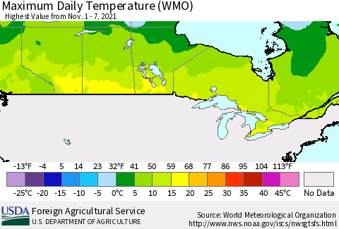 Canada Maximum Daily Temperature (WMO) Thematic Map For 11/1/2021 - 11/7/2021