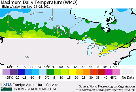 Canada Maximum Daily Temperature (WMO) Thematic Map For 11/15/2021 - 11/21/2021