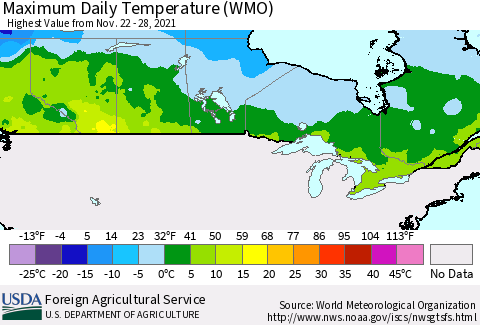 Canada Maximum Daily Temperature (WMO) Thematic Map For 11/22/2021 - 11/28/2021