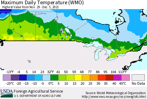 Canada Maximum Daily Temperature (WMO) Thematic Map For 11/29/2021 - 12/5/2021