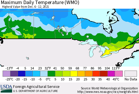 Canada Maximum Daily Temperature (WMO) Thematic Map For 12/6/2021 - 12/12/2021