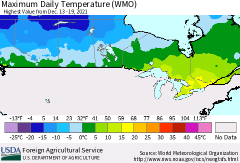 Canada Maximum Daily Temperature (WMO) Thematic Map For 12/13/2021 - 12/19/2021